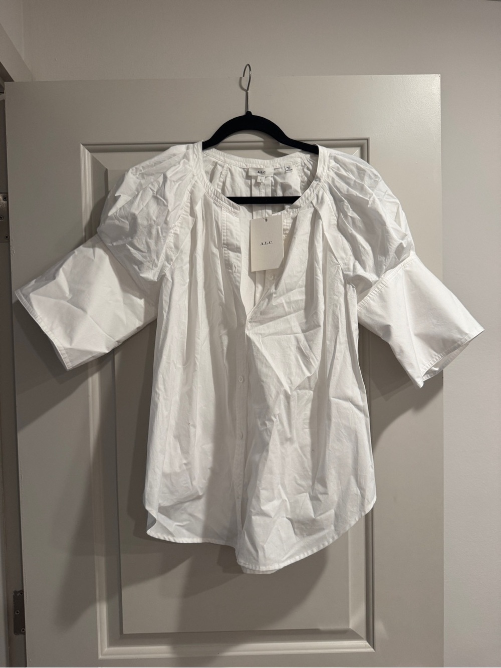 A.L.C. White Cotton Button-Front Puff Sleeve Blouse